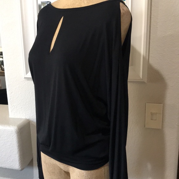 Boston Proper  Keyhole Front Black Cold Shoulder Top Ruched Waist NWOT Sz Small - Picture 5 of 6